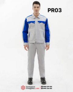 May và in đồng phục bảo hộ màu ghi sáng phối xanh dương