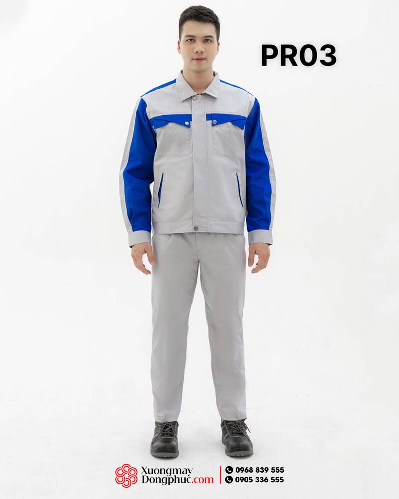 May và in đồng phục bảo hộ màu ghi sáng phối xanh dương