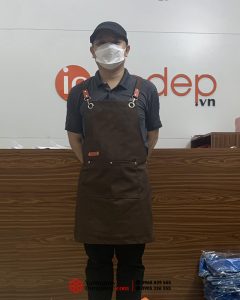 May và in tạp dề đồng phục màu nâu phối da