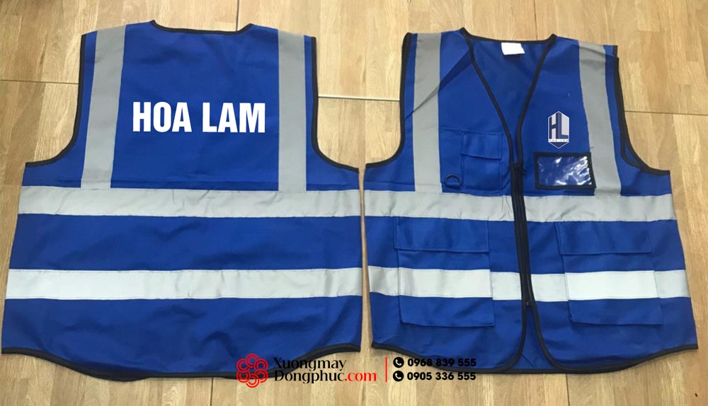 May và In áo gile đồng phục Công ty Hoa Lam màu xanh dương